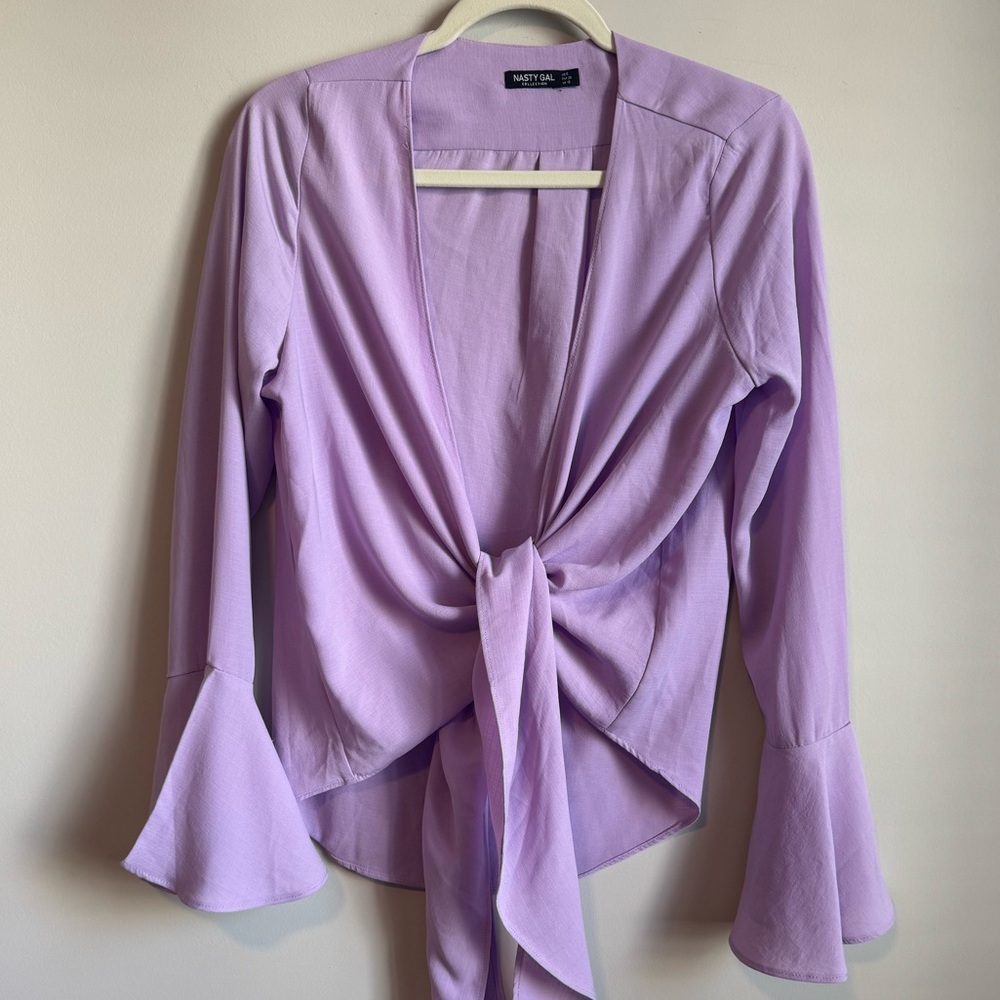 Nasty Gal Purple Bell Sleeve Wrap Top - Size 6 - Picture 3 of 6